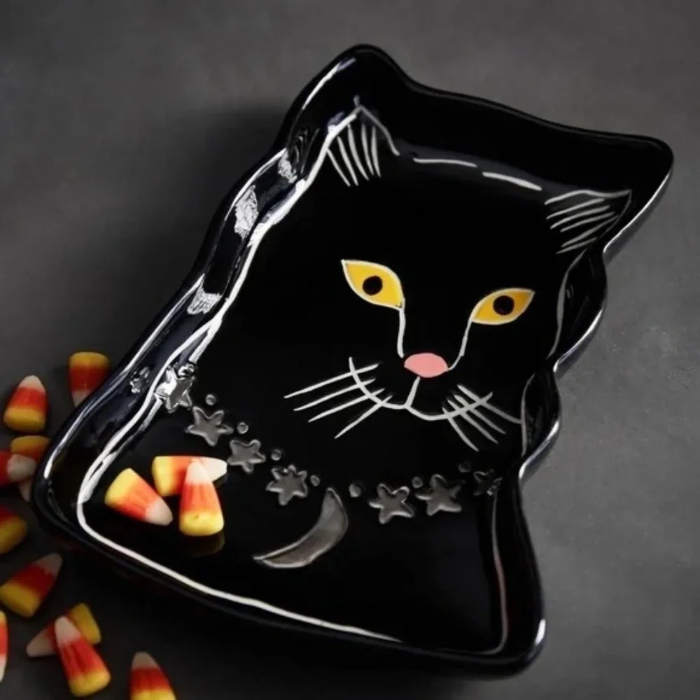 NWT Anthropologie Francesca Kaye | Halloween Magic Canape Plate  Black Cat